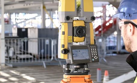 Topcon total station for precise construction site measurements.